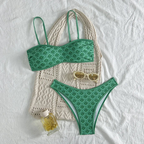 Sexy Bandeau Bikini Women Green Floral Pleate Push Up Padded Thong Swimsuit Summer Bathing Suit Two Piece Swimwear Biquini
