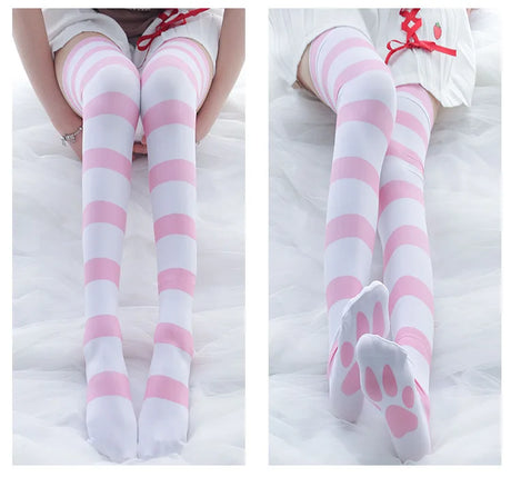 Lolita Over Knee Socks Pink Strip Kawaii Cat Paw Print Stockings Lolita Gothic Velvet Over The Knee Thigh High JK Long Stockings