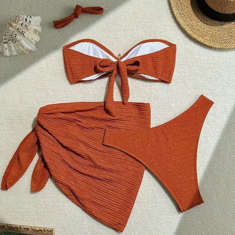 Metal Starfish Brown Bandeau Bikinis Sets 3 Pieces Sexy Swimsuit Cover Up Women 2026 Holiday Swimwear High Cut Bather Beach Wear