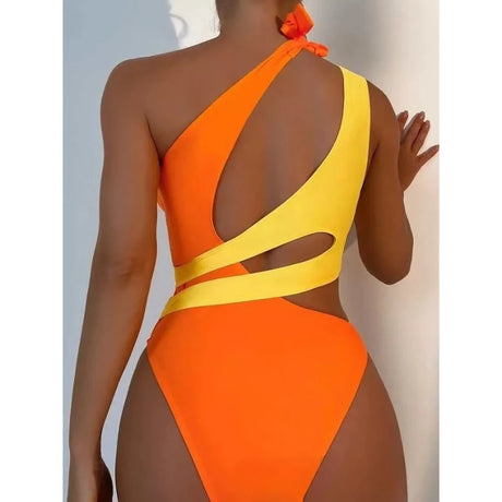 Sexy Swimwear Women Color Block Hollow Out Design One Shoulder Bikini Bodysuit Summer Beach Vacation High Cut One Piece Swimsuit