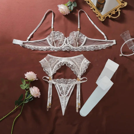 Women's Burgundy Lace Lingerie Set Underwire Bra Thong Panty Garter Straps Stockings Floral Embroidery Sexy Underwear Outfit