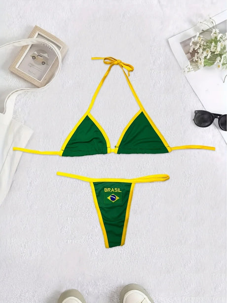2026 New Summer Brazilian Flag Contrasting Bikini Retro Sexy Fashion Sports Trend Fashion Backless Split Niche Spicy Girl Set