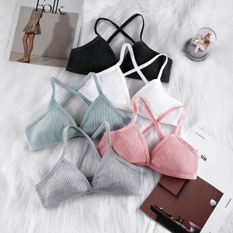 2Pcs/Set Ribbed Cross Back Triangle Bralette Set Women Spaghetti Strap Breathable Daily Bra Wireless Casual Daily Lingerie S-L