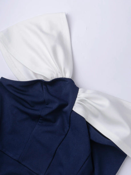 Chic One Shoulder Twisted Color Block Navy White Slim Fit Crop Blouse, Tube Top For Party & Daily Women