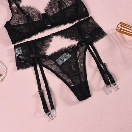 Women's Black Lace Lingerie Set Underwire Bra Thong Panty Garter Straps Choker Gloves Floral Embroidery Sexy Underwear Outfit
