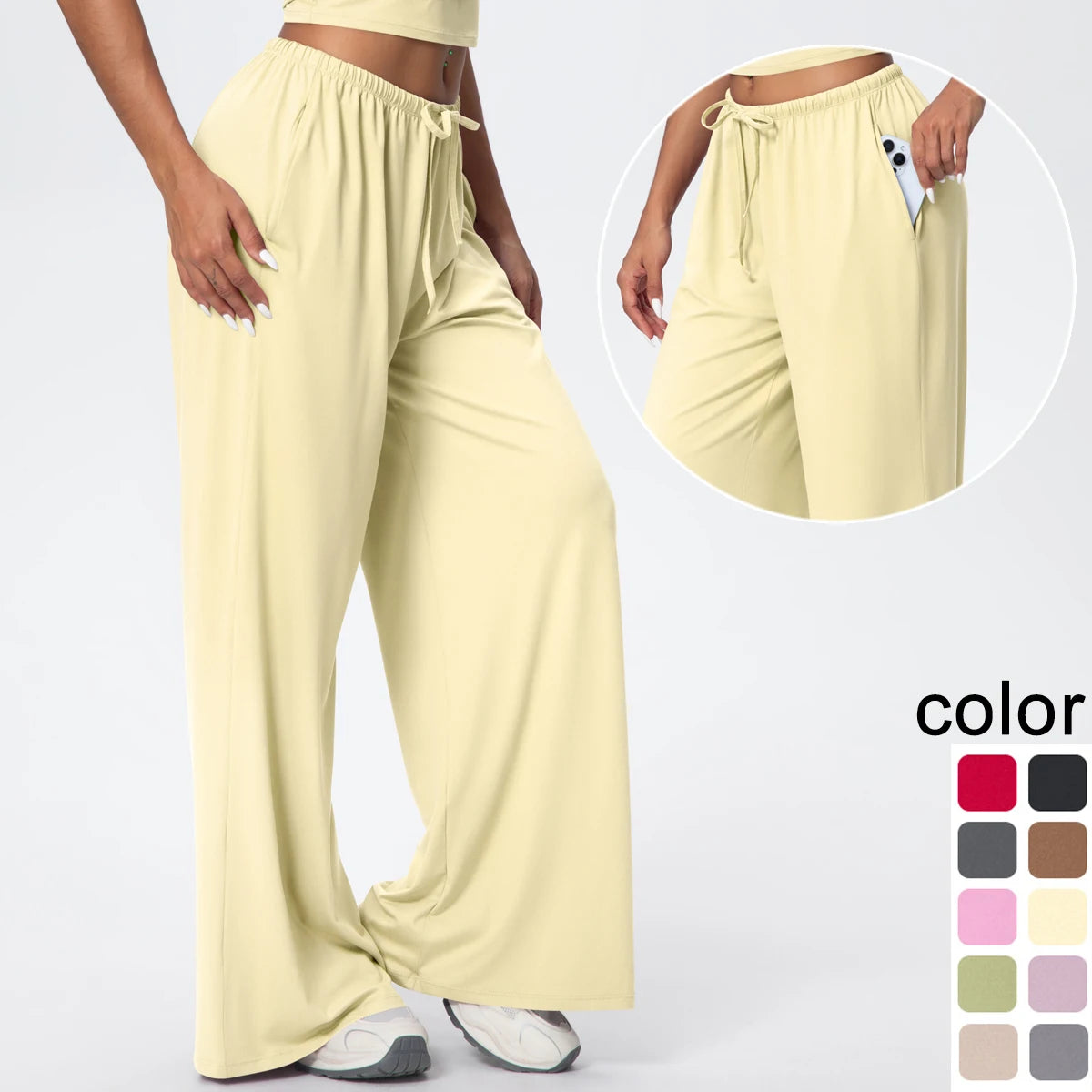 Women Quick Drying Wide Leg Yoga Pants Loose Yoga Pants High Waist With Pockets Fitness Sport Gym Workout Drawstring Full Length