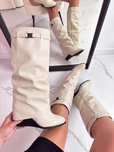 Women's Two-Tone Knee High Boots, Streamlined Silhouette Polished Knee-High Cut Fashion Long Boots, Versatile Footwear That Matches Skirts, Dresses Skinny Jeans Fall Winter Daily Casual Dress Boots, Trendy Stylish Ladies Shoe