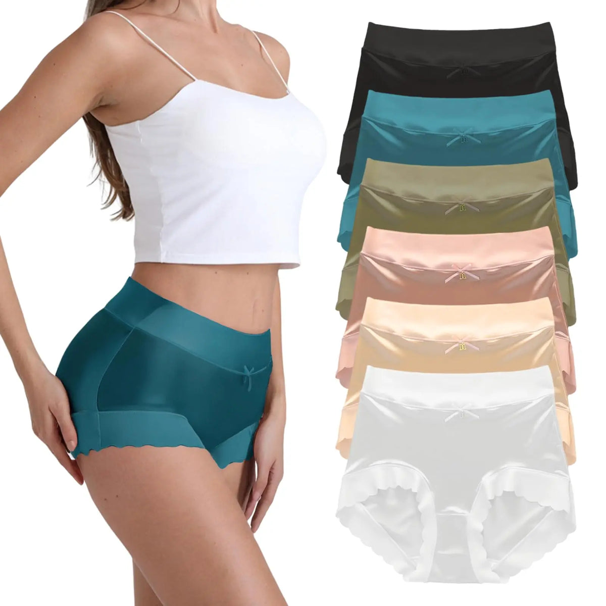6pcs Women's Seamless Luxury Satin Briefs Mid-Waist Ruffle Mulberry Silk Butt-Lifting Panties Skin-Friendly Crotch, Sexy, Stretchy UnderWear for Women Plus Size