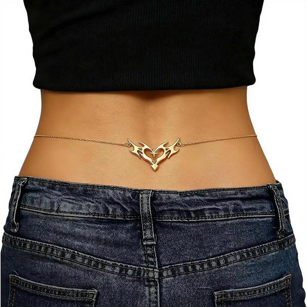Gothic Heart Flame Waist Chain Sexy Punk Metal Waist Belly Belt Chain Y2K Body Chain for Beach Bikini Party Outfit Jewelry
