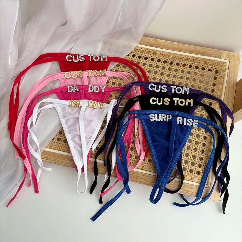 Personalized Custom Rhinestone Letter Name Low Waist Strap Thong G-String Tanga Underwear Bikini Wife Girlfriend Custom Gift