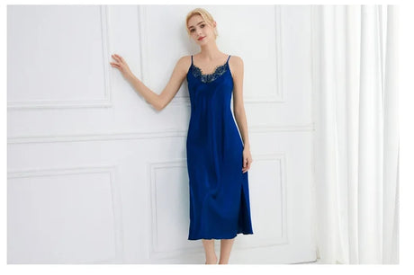 Sexy Women Long Nightgown Intimate Lingerie Patchwork Lace Suspender Nightdress Chemise Sleepwear Loungewear Silk Satin Homewear