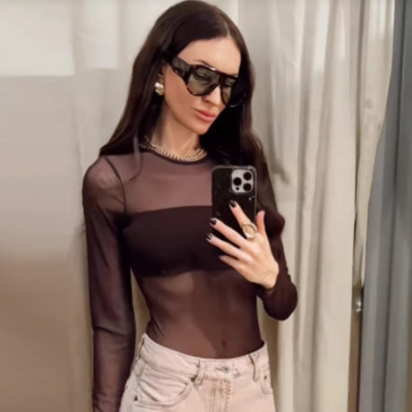 HXAO Brown Transparent Mesh Bodysuit Women 2026 Sexy Slimming Long Sleeve Lingerie Top Chic Tulle Bodycon Thong Fishnet Bodysuit