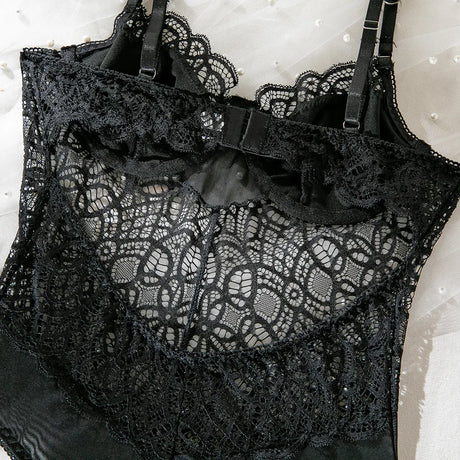 Sexy Women's Lingerie Lace Patchwork Hollow Out Bodysuit Black Solid Color Slim Suspender Backless Underwire One Piece Jumpsuit
