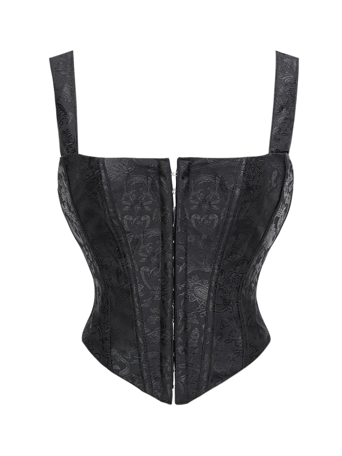 Floral Jacquard Wide Strap Corset Top Front Hook Back Lace Up Square Neck For Women