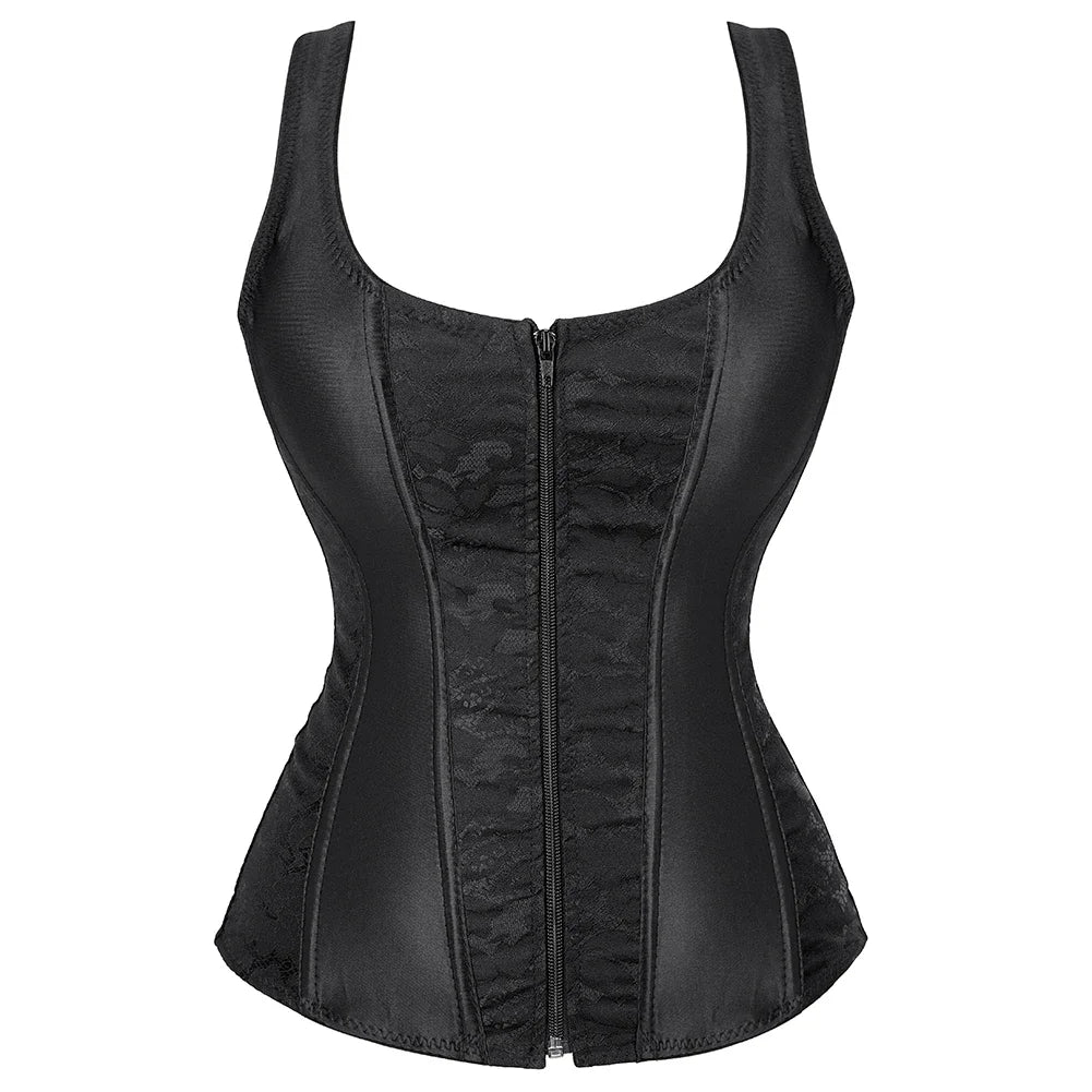 Gothic Corset Top With Straps Sexy Floral Zipper Brocade Overbust Lingerie Burlesque Body Shaper Lace Up Bustier Plus Size