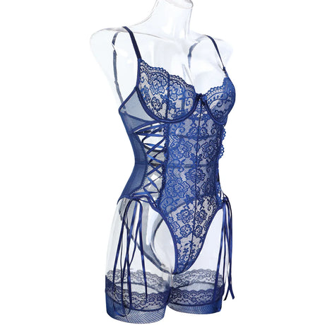Women's Fishnet Bodystocking One-Piece Lace Teddy Underwear Erotic Open-Crotch Lingerie for Couple Role Play