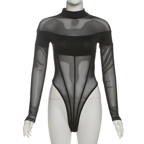 Sexy See Through Bodysuit Women Dark Gothic Streetwear Emo Alternative Grunge Y2k Long Sleeve O-neck High Waist Jumpsuit