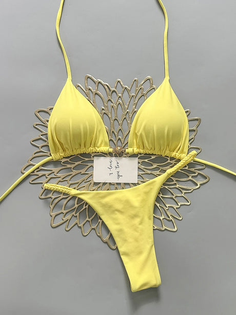 2026 Women's Bikini Swimsuit Women's Split Solid Color Lace-up Sexy Swimsuit 2-piece Set Micro Swimwear