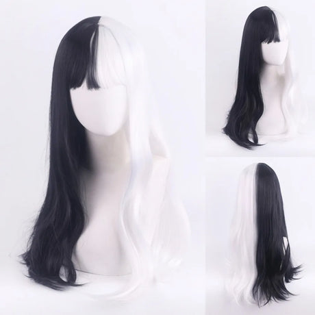 Cosplay Halloween Party Wigs CRUELLA Deville De Vil Black White With Bangs Short Bob Hair for Women Heat-Resistant Synthetic Wig