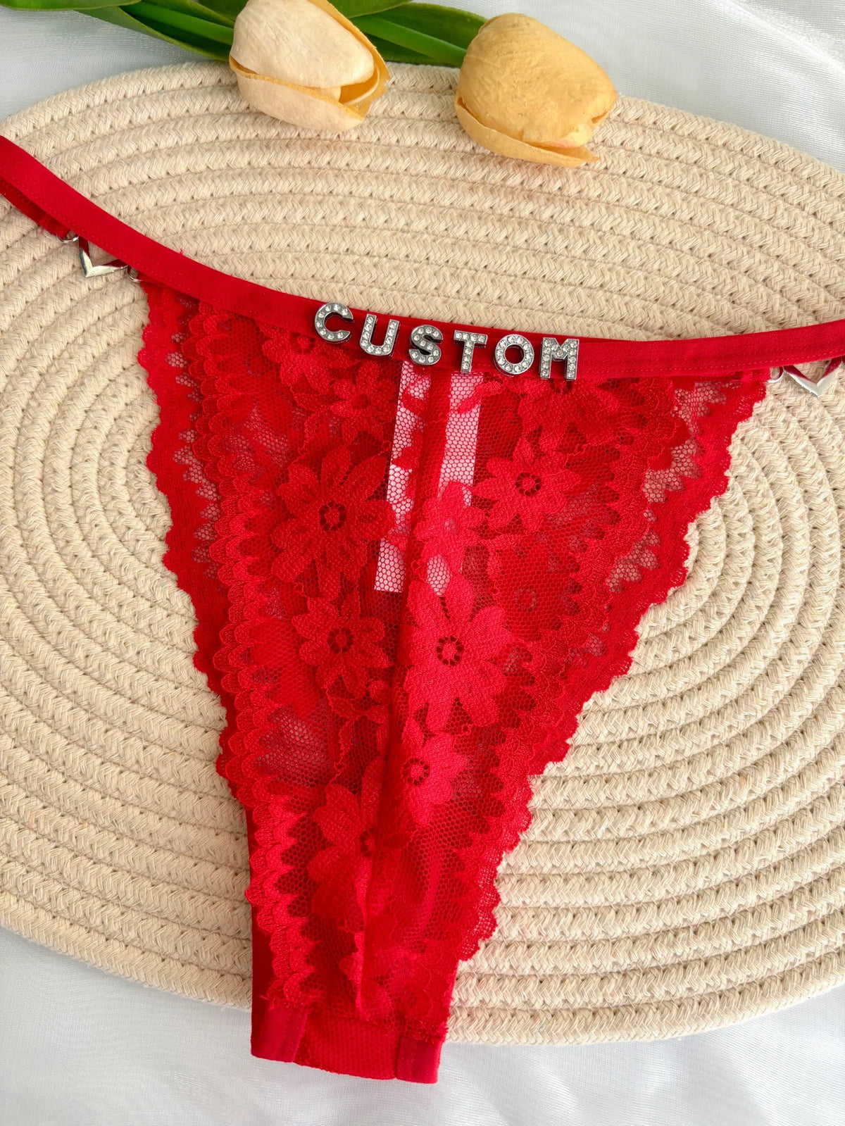 Custom Rhinestone Letter Name Text Sexy Lace Thong Panties Low Rise G-string Personalized Gift Wife Lover Anniversary Festival