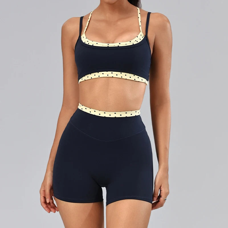 Hearuisavy 2Pcs Fitness Set Women Polka Dot Cross Back Sports Bra High Waisted Push Up Shorts Gym Quick Dry Workout Yoga Suit