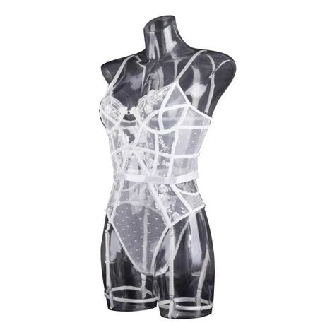 Toucheart Lace Embroidery Jumpsuit For Women Mesh Patchwork See-through Sexy Hollow Out Underwear Solid Color Garters Underwear