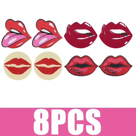 8pcs KISS Red Lip Print Shape Women Self-Adhesive Disposable Satin Nipple Cover Breast Pasties Stickers for Strapless Clothes
