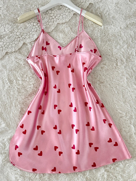 New Women's Pink Slip Nightdress Heart Print V Neck Spaghetti Strap Chemise Cute and Sweet Sleepwear for Party or Daily Life