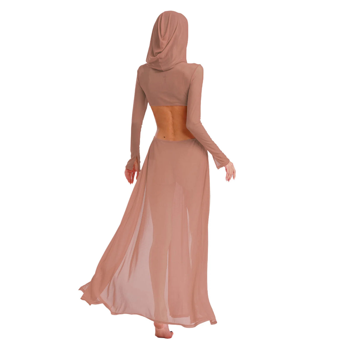 Women Wet Look Mesh Maxi Dress with Hooded Cosplay Sexy High Slit Lingerie Face Mask Long Sleeves Hollow Out Sheer Nightdress