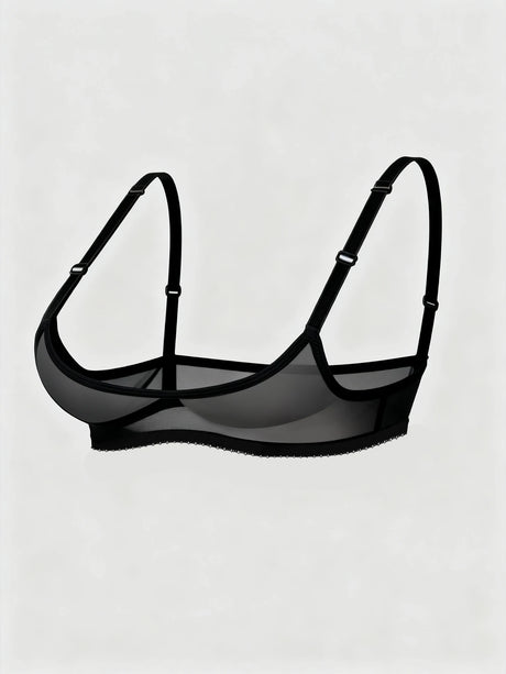 Ladies' sexy 1/4 Cup Mesh Bra, Sheer Wireless Breathable Balconette Bralette Top