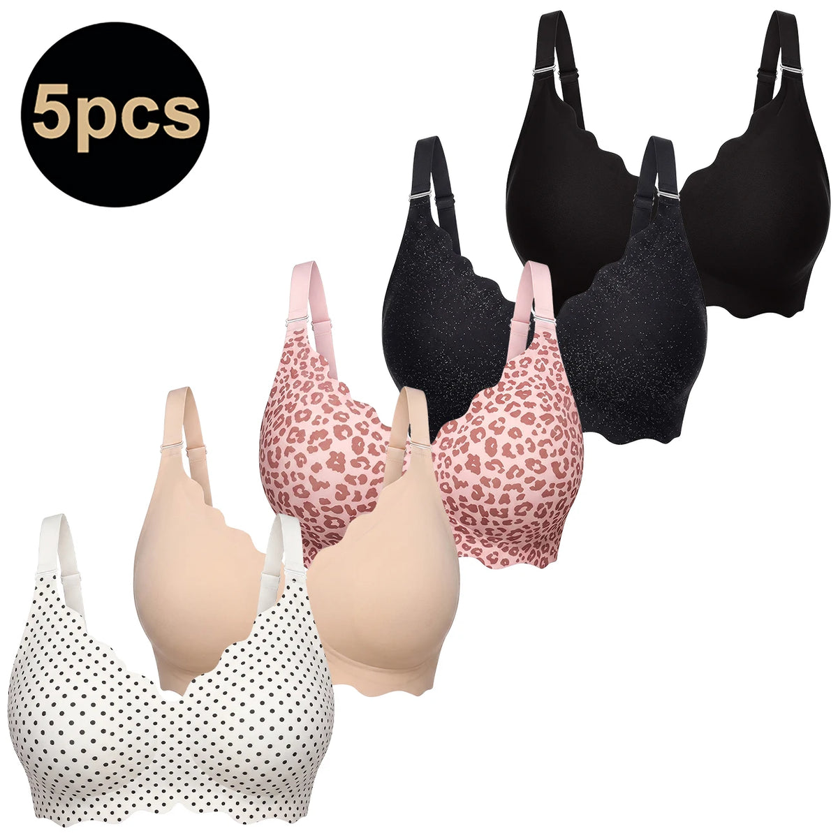 Bras for Women No Underwire Scalloped Wireless Push Up Bra Seamless Full Coverage Supportive Plus Size Tshirt Bra, Soft Breathable Comfortable Bralette, Leopard & Polka Dot Print Ice Silk Bra