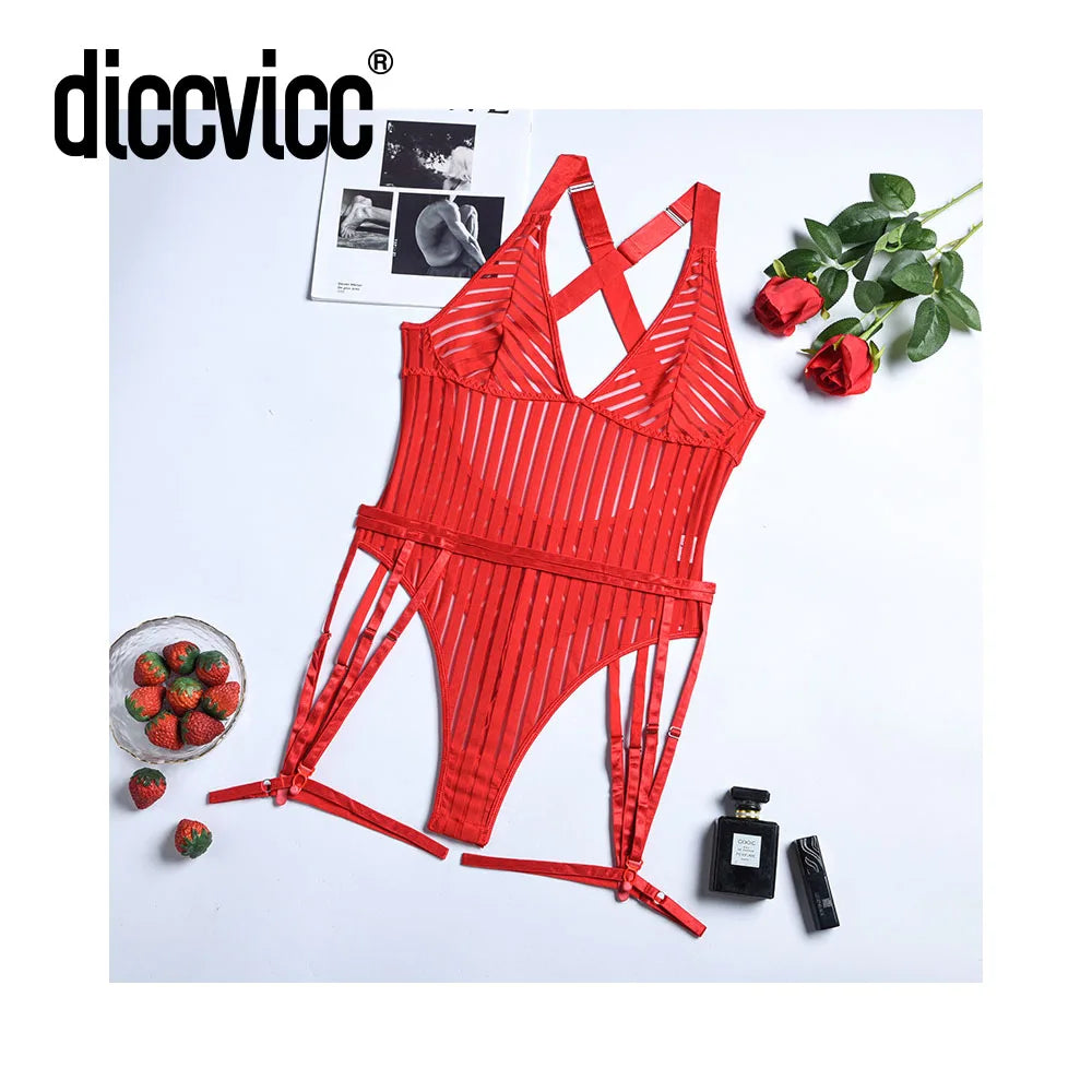 Diccvicc Women Mesh Bodysuit See Through V Neck Sexy Underwear Black Intimate Lingerie Exotic Apparel Backless Fishnet Teddies