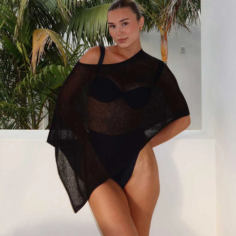 Casual Knit Top, Summer Beach Vacation Pool Party Sexy Sheer Cover-Up, Plain Fitted Design, Perfect for Relaxing and Stylish