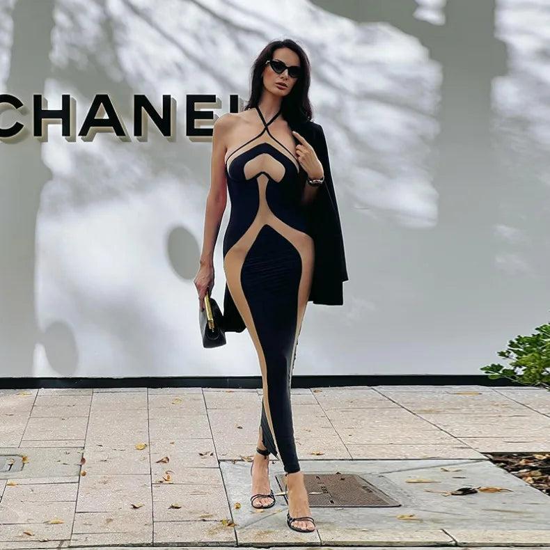 Hanging Neck Suspender Slim Fit Nightclub Sexy Women's Long Dress Elegant Fashionable Perspective Temperament Dinner Dress