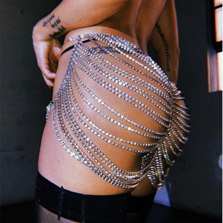 Sexy Rhinestone Skirt Bikini Outside Match Hollow Chain Hip Accessories Nightclub Stage Performance Clothes Female