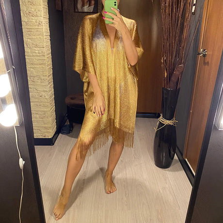 Swimsuit Cover-ups Fashion Tassel Gold Bikini Beach Cover Up Sexy Beach Dress Tunics for Women Summer Wear See Through