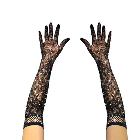 Sexy Elastic Mesh Gloves With Colored Flash Diamonds Bungee Stage Performance Hollow Fishing Net Punk Hiphop Women's Gloves R51
