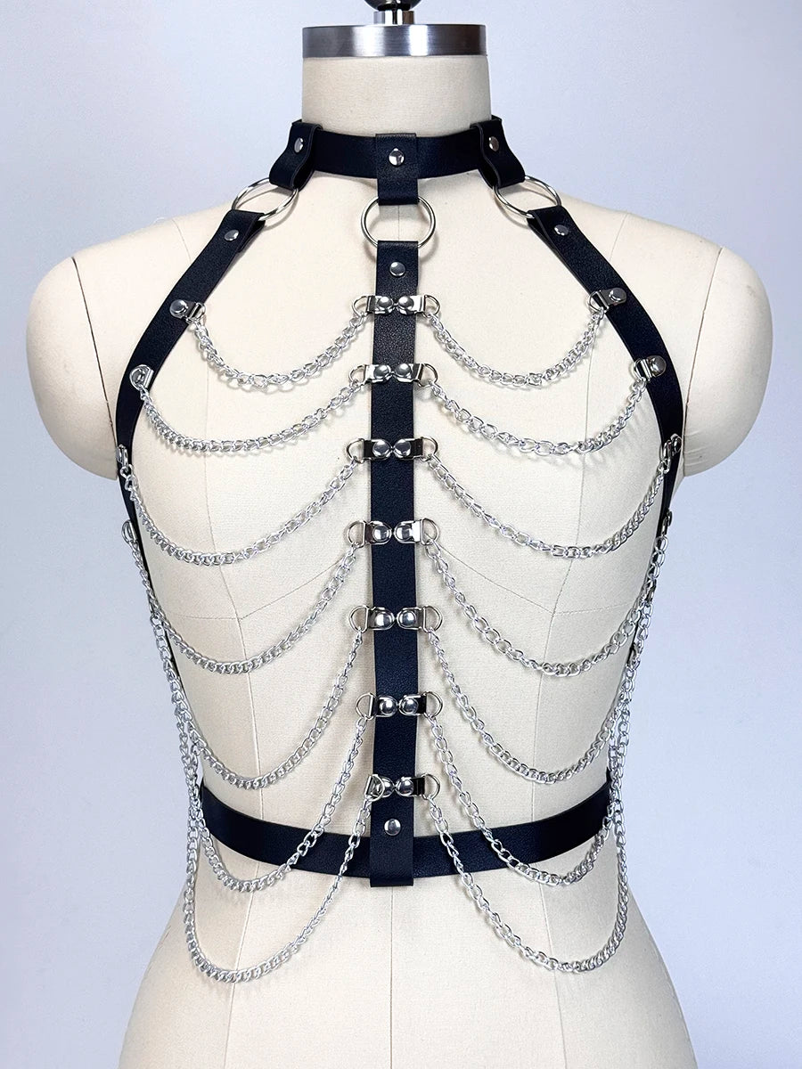 Women Gothic PU Leather Chest Harness Belt with Chain Bra Strap Adjustable Punk Y2K Body Harness Festival Layering Accessory