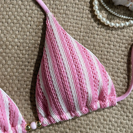 Pink Striped Print Halter String Triangle Bikinis Sets Micro Thong Sexy Swimsuit Women 2026 Ladies Swimwear Bead Bikini Bather