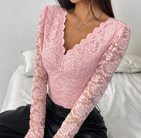Sexy Mesh Lace Bodysuit Fashion Long Sleeve V-neck One Piece Basic Hotsweet Women Print Gothic Slim Streetwear Jumpsuit Ins