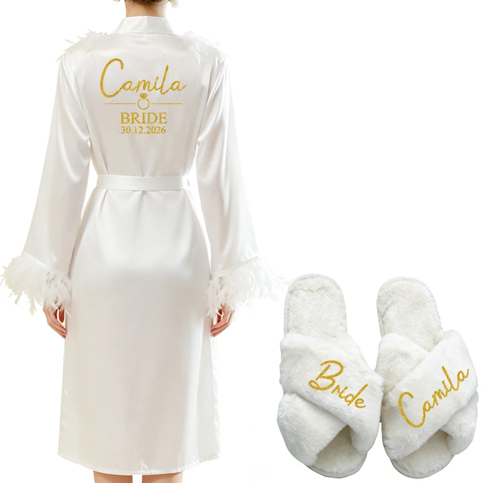 Personalized Name Date Wedding Feather Bride Robe Bridesmaid Bathrobe Nightwear Long Elegant Woman Gown Sexy Nightgown for Party