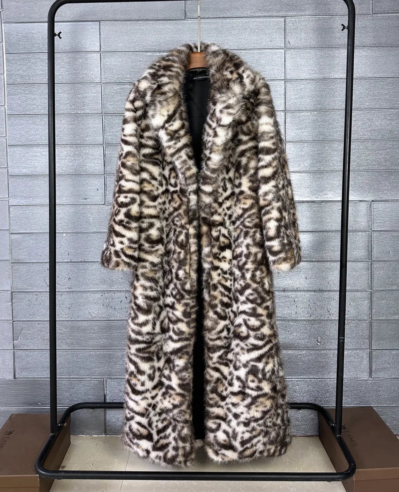 ZADORIN 130cm Long Thicken Lapel Cow Print White Brown Faux Fur Coat Woman Clothing Luxury Fluffy Jacket Winter Fur Coats Woman