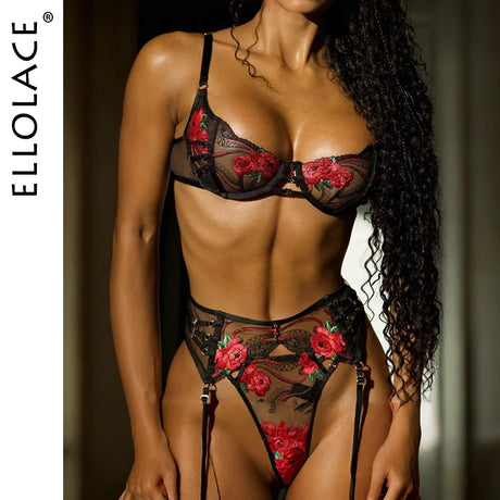 Ellolace Seductive Sexy Lingerie Bra Belt Thong 3PC Set Beautiful Floral Embroidered Intimate Tempted Women Underwear