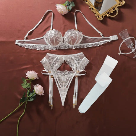 Women's Burgundy Lace Lingerie Set Underwire Bra Thong Panty Garter Straps Stockings Floral Embroidery Sexy Underwear Outfit