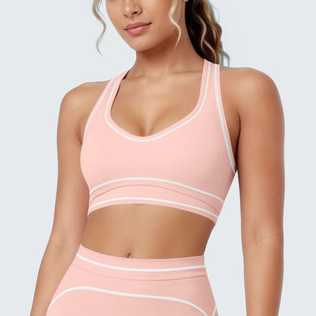 Women's Yoga Bra Vest Fitness Tank Running Workout Gym Top Push Up Padded Soft Slim Contrast Piping Racerback Sports Underwear