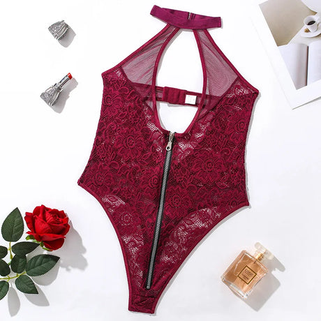 Sexy Zipper Front Lace Bodysuit High Cut Mesh Teddy Lingerie Women Halter Neck See Through Body Stocking Erotic Costume Purple