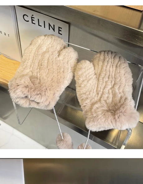Hot Sale Women's 100% Natural Rabbit Fur Winter Gloves Warm Knit Thick Thermal Mittens Soft Real Fur Outdoor Cold Weather Glove