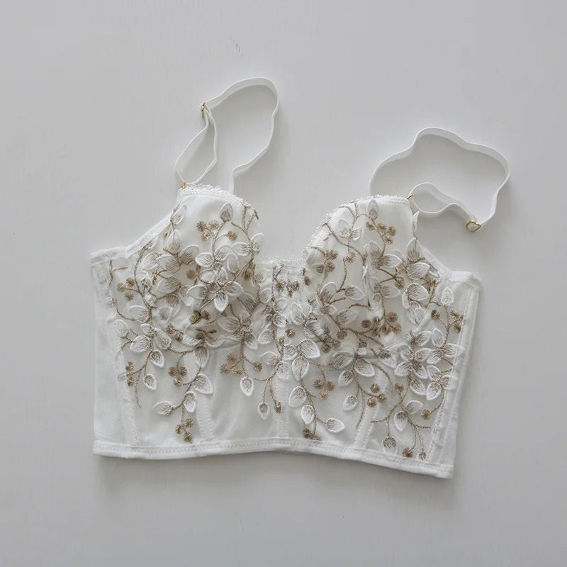 Three-Dimensional Embroidered Bra Sexy Lace Fish Bone Corset Widened Breasted With Steel Ring 2/1 Half Cup Bralette Underwear