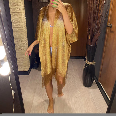 Swimsuit Cover-ups Fashion Tassel Gold Bikini Beach Cover Up Sexy Beach Dress Tunics for Women Summer Wear See Through