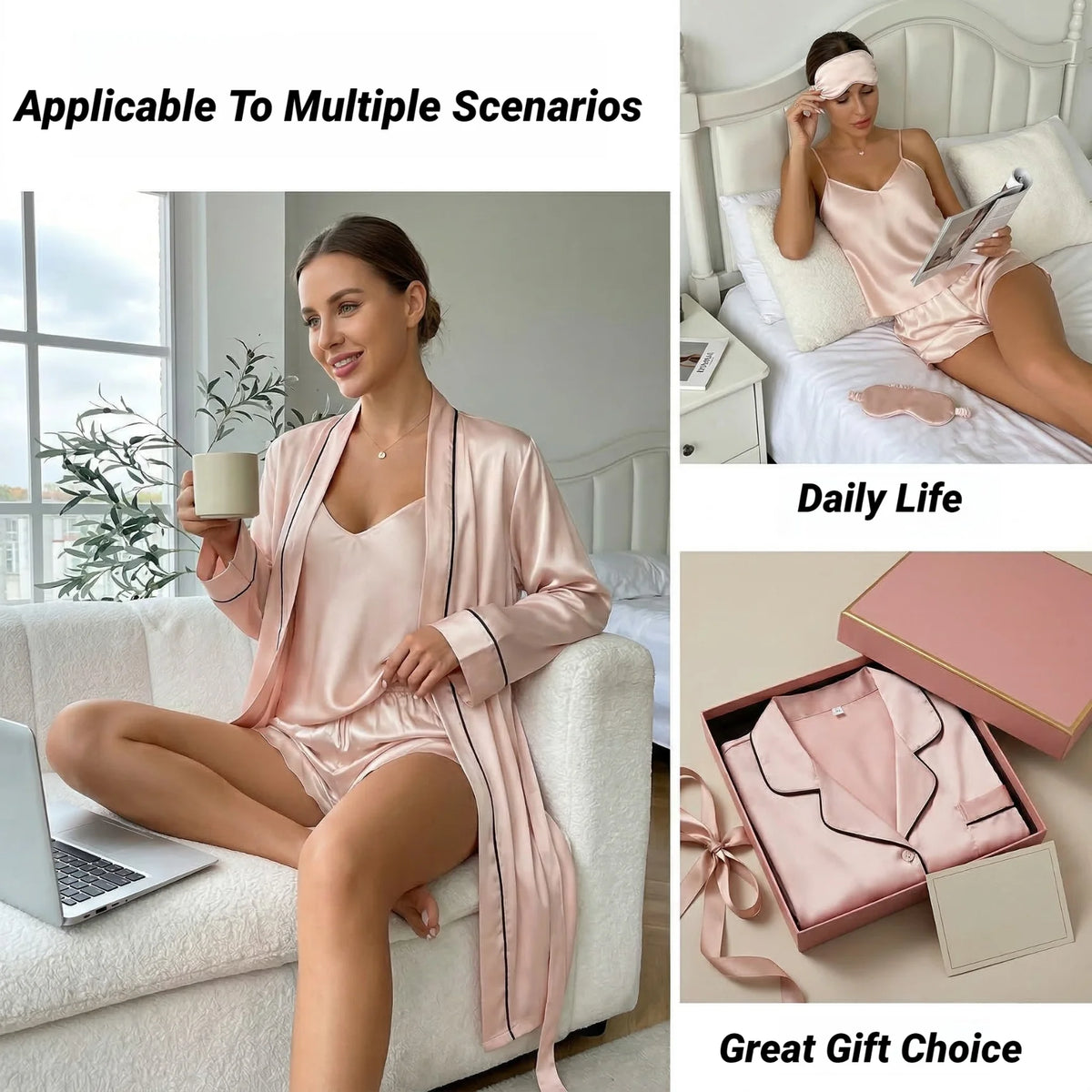Simple Satin Pajama Set Long Sleeve Belted Robe V Neck Cami Top And Shorts Women's Sleepwear